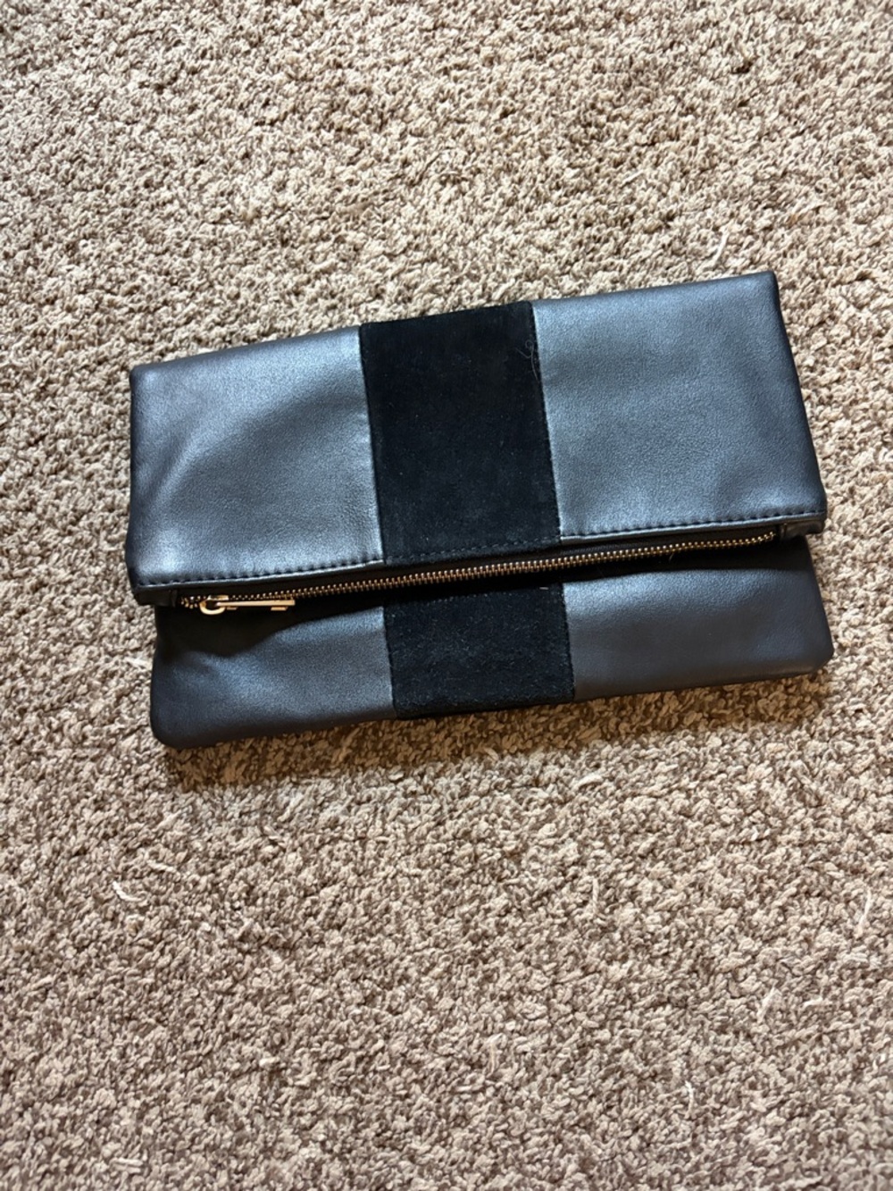Black Fold-Over Leather Clutch with Suede Center Panel
